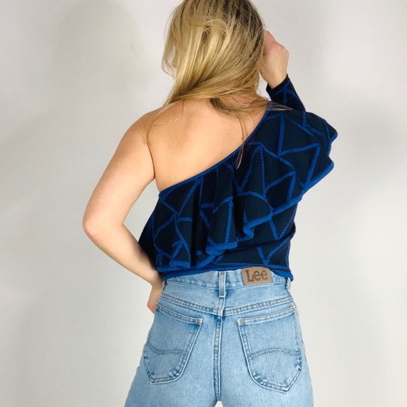 Pepa Pombo One Shoulder Black Blue Ruffle Top - Picture 5 of 8